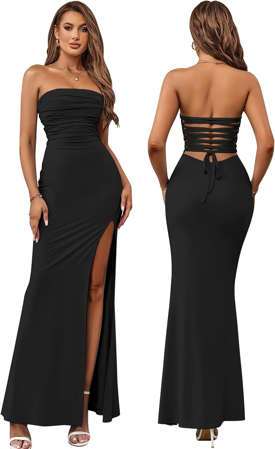 HTZMO Womens Tube Top Strapless Slit Bodycon Maxi Dress