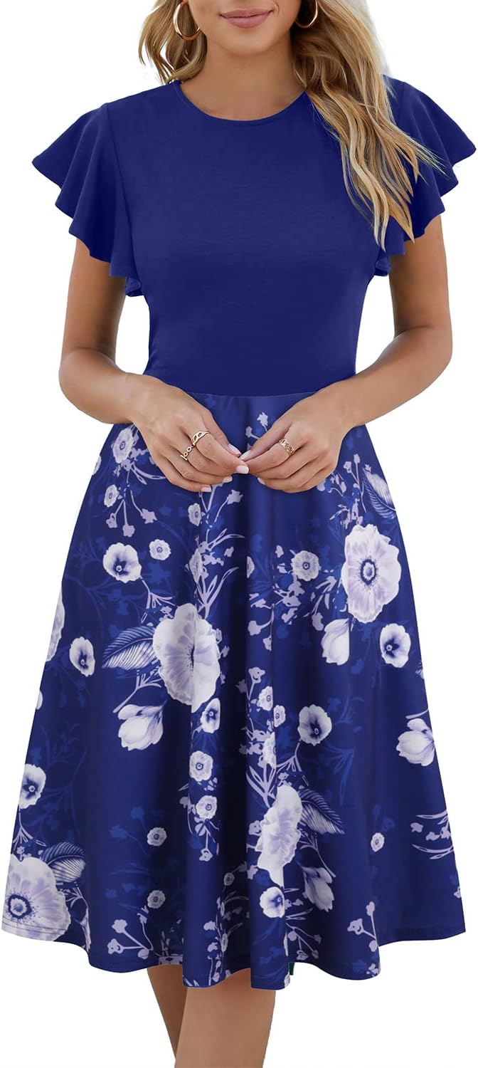 HELYO Women's Ruffle Sleeves V-Back Fit and Flare Dress