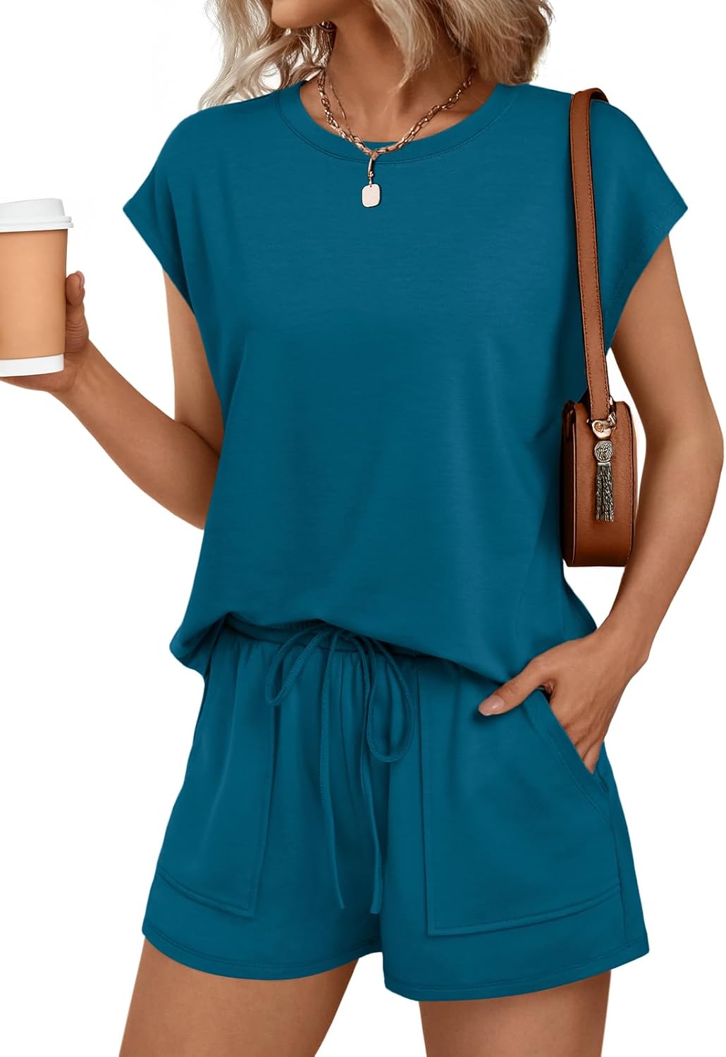 AUTOMET Womens Crew Neck Two Piece Short Sets for Summer Fun