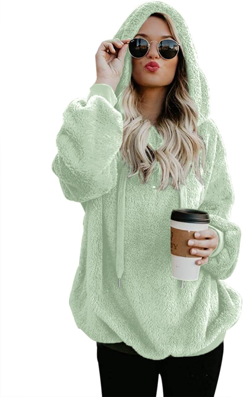 Women Casual Double Fuzzy Sweatshirt Cozy Zip Pullover Hoodies
