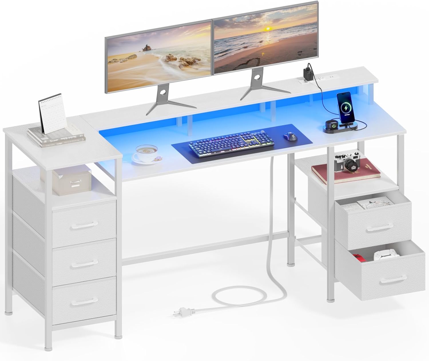 55 Gaming Desk: LED Lights, Power Outlets, Adjustable Storage