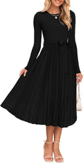 Women's Fall Long Sleeve Midi Dress with Pleated Chiffon Skirt - Flowy