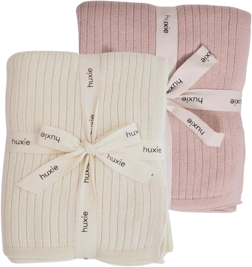 Knitted Organic Cotton Baby Blanket - Soft White and Blush 2-Pack