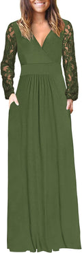 Womens Long Sleeve Maxi Dress with Lace Sleeves - Elegant Wrap