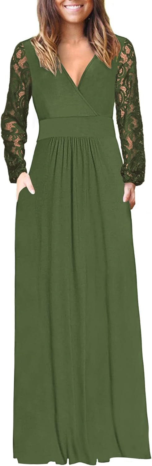 Womens Long Sleeve Maxi Dress with Lace Sleeves and Pockets