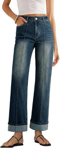 Sidefeel Women's Wide Leg Cuffed Jeans High Waisted Baggy Stretchy at