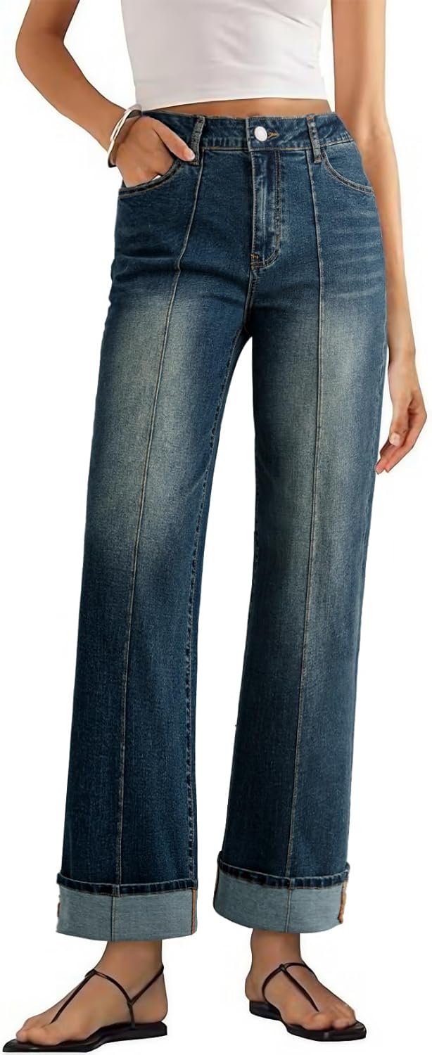 Sidefeel Women's High Waisted Wide Leg Cuffed Jeans for Style