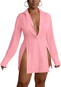 Women's Button Down Shirt Dress - V Neck Long Sleeve Slit Mini