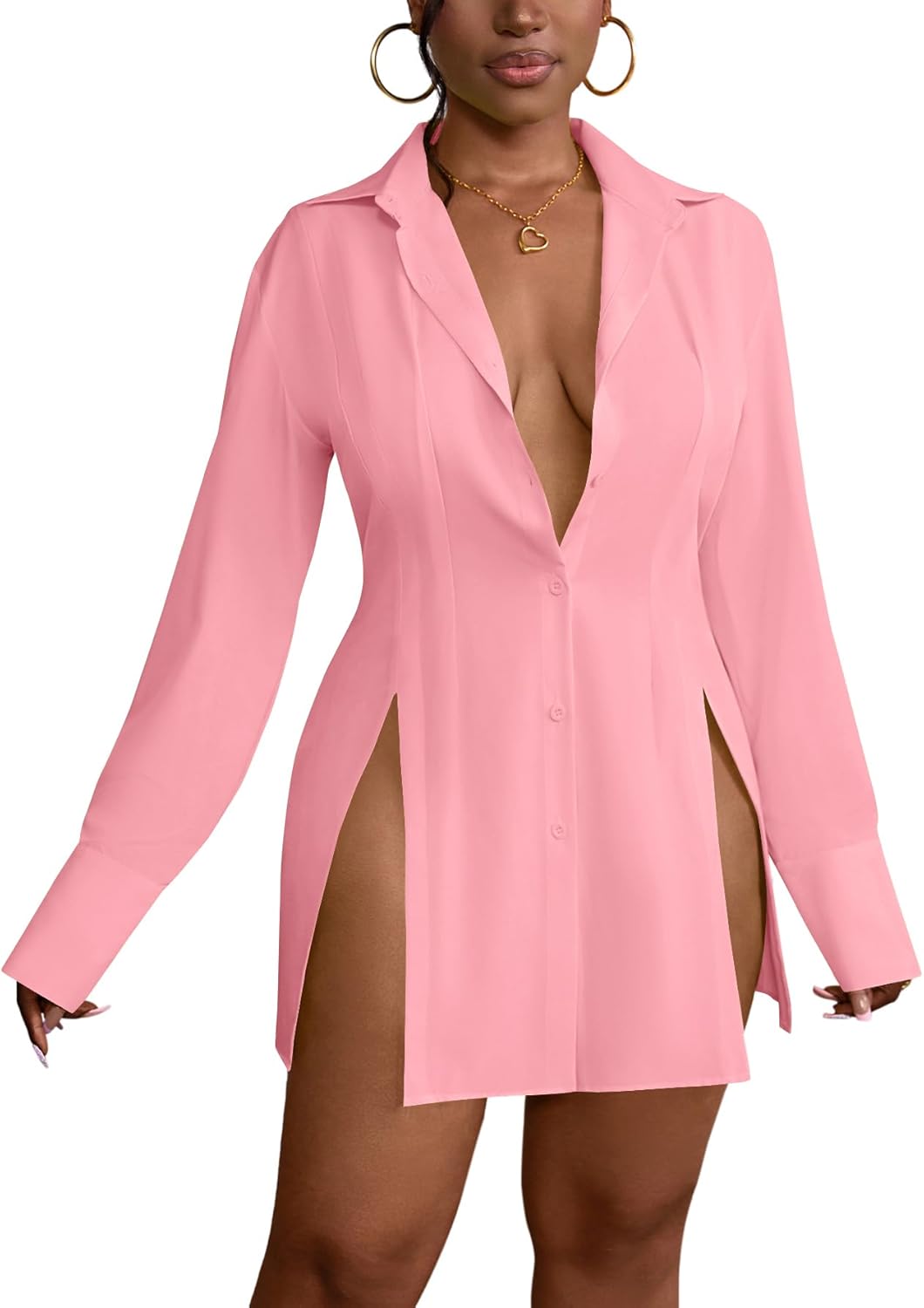 LYANER Women's Sexy V Neck Long Sleeve Button Down Shirt Dress