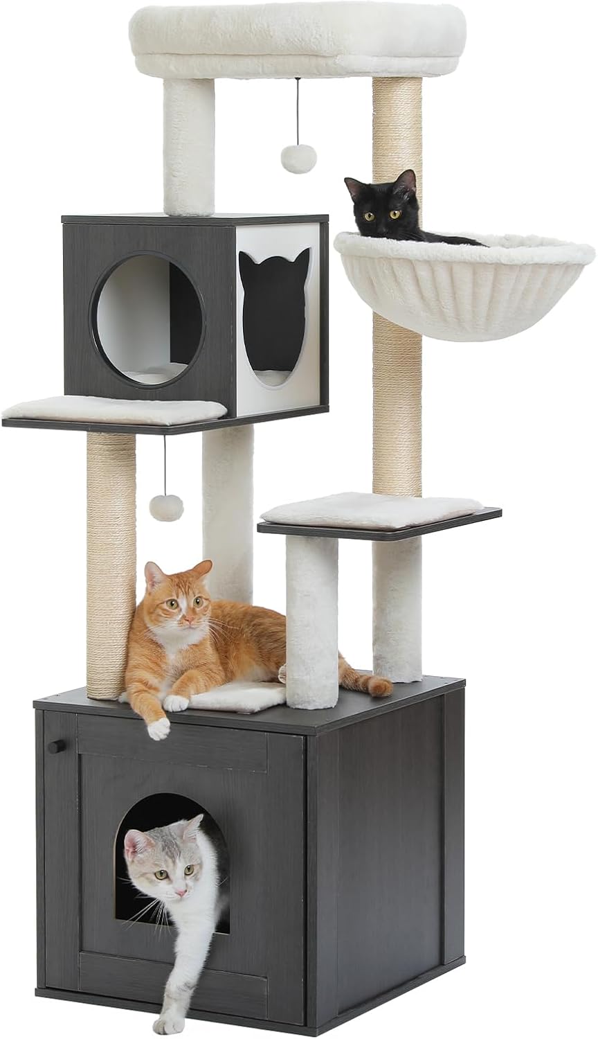 PEQULTI 57.5 Cat Tree with Litter Box Enclosure for Cats