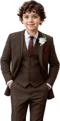 Boy Tweed 3-Piece Suit Herringbone Slim Fit Vest Tuxedo Pants - Formal