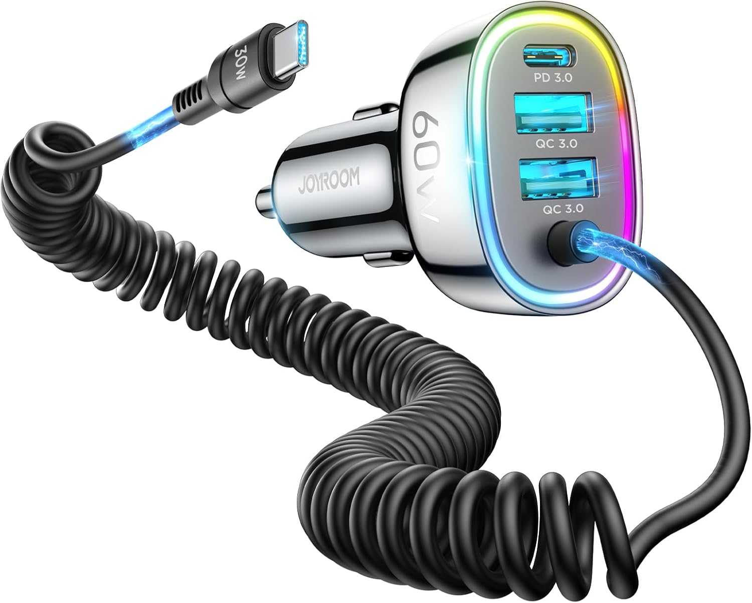 60W Fast JOYROOM Car Charger with Coiled Cable