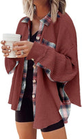 Waffle Knit Plaid Shacket Boyfriend Button Down Shirt Jacket - Cozy US