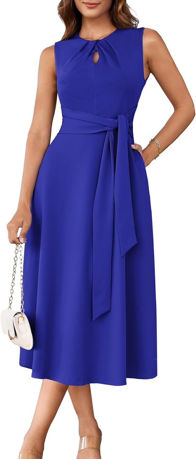 Elegant A Line Flowy Midi Dress with Pockets for Women