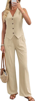 Women's 2 Piece Linen Vest and Wide Leg Pants Set (Style 3BWG)