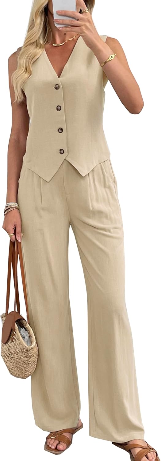 Stylish Women's 2 Piece Outfits Linen Vest and Wide Leg Pants