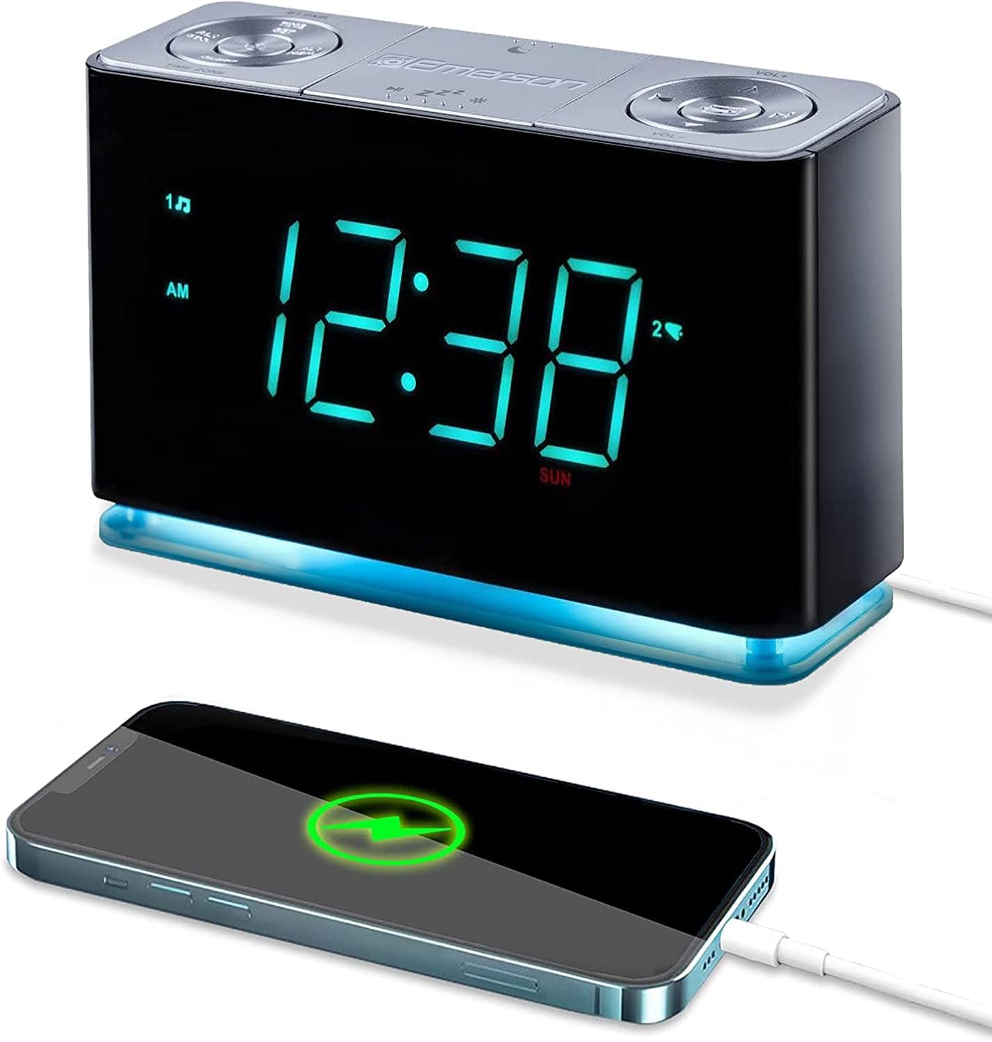 Emerson Bluetooth Alarm Clock w/ USB Port - Cyan LED Display & Night Light