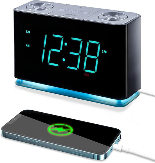 Emerson Bluetooth Alarm Clock w/ USB Port - Cyan LED Display & Night Light