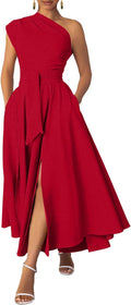 Ekaliy Women's One Shoulder Belted Maxi Dress - Elegant Floor-Length