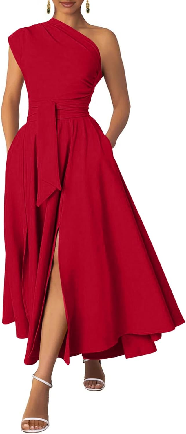 Ekaliy Women's One Shoulder Belted Maxi Dress for Weddings