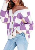 Womens Plaid V Neck Button Down Oversized Cable Knit Cardigan - Cozy