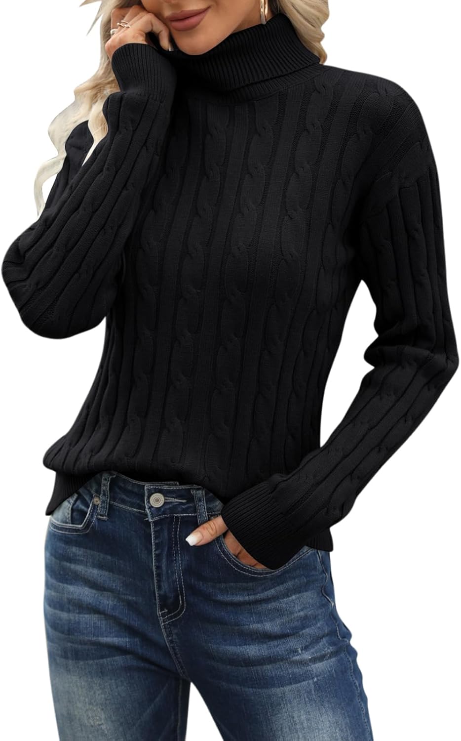 Esobo Women's Classic-fit Lightweight Cable Long Sleeve Sweater