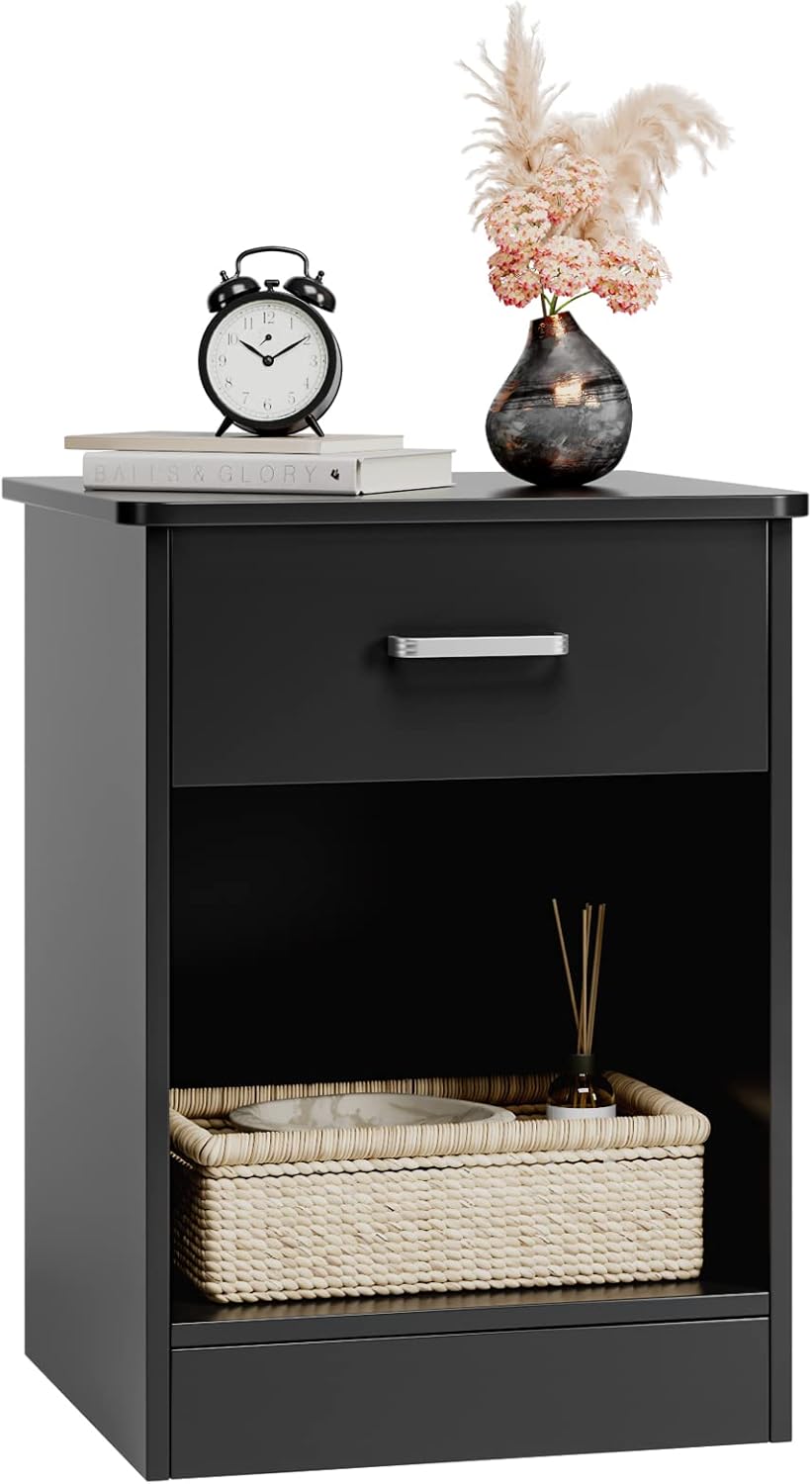 FOTOSOK Nightstand with Drawer and Storage Shelf for Bedroom