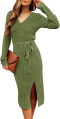 Women's Long Sleeve Cable Knit Bodycon Sweater Dress - 2025 Fall Fit