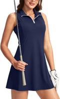 Women's Tennis Golf Dress with Built-In Shorts - Zipper Pockets