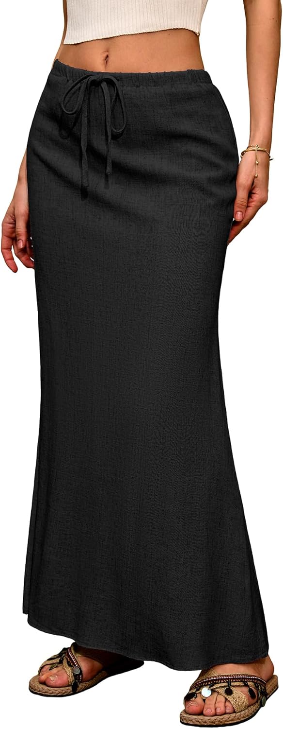 ELLEVEN Linen Flared Maxi Skirt with Back Slit for Summer Style