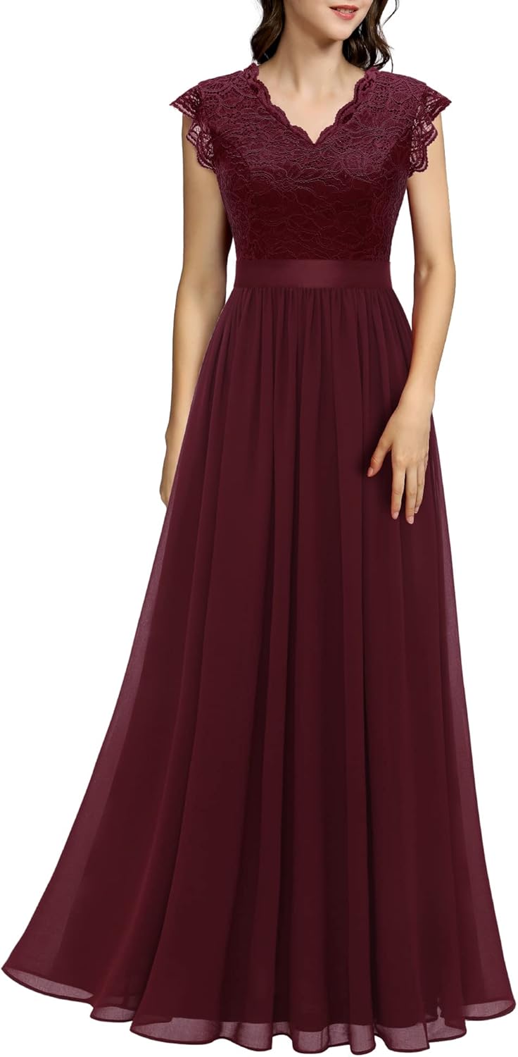 Elegant V Neck Sleeveless Lace Bridesmaid Dress for Weddings