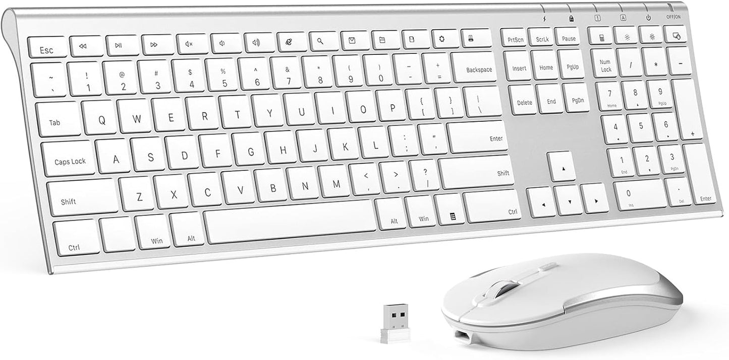 Rechargeable Wireless Keyboard & Mouse Combo for Windows PC - White Silver