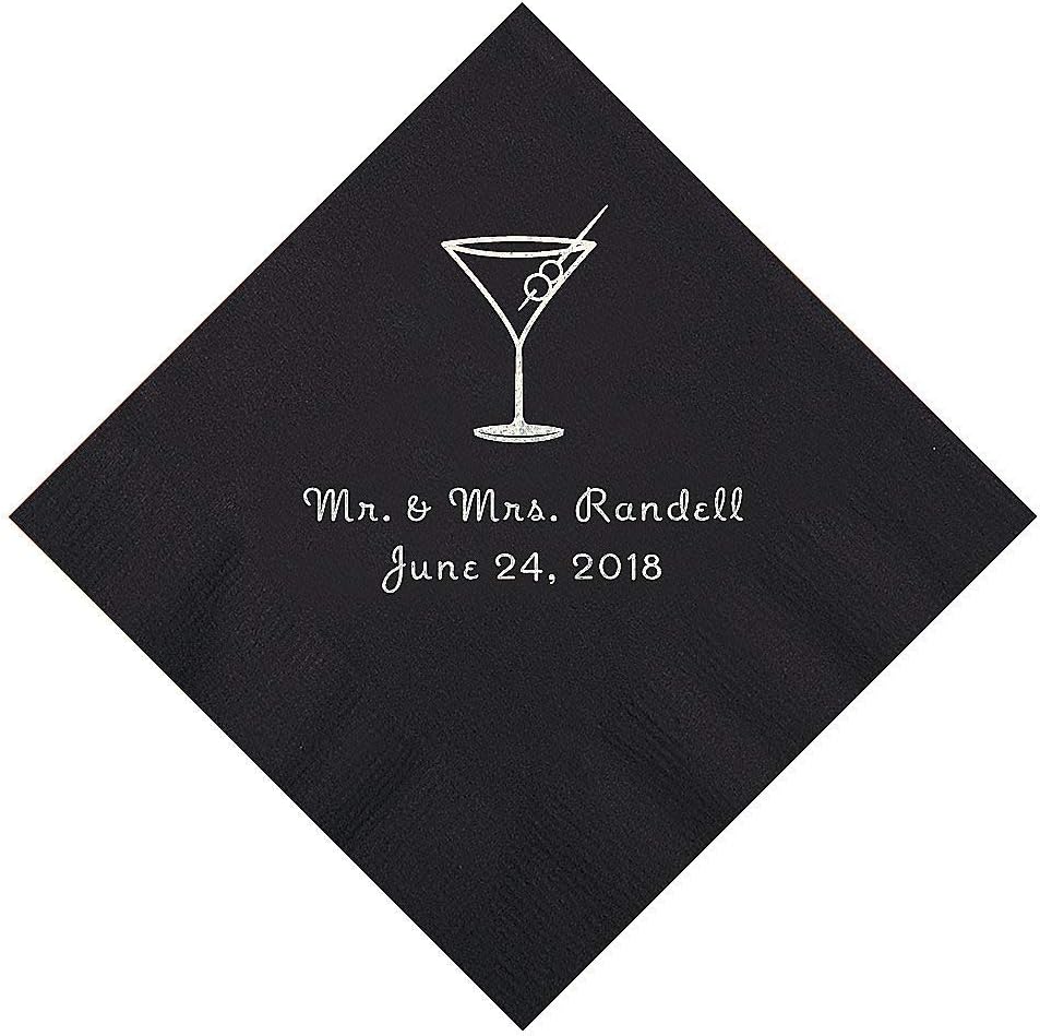 Personalized Black Martini Glass Napkins - Silver Foil - 50 Pcs - Fun Express