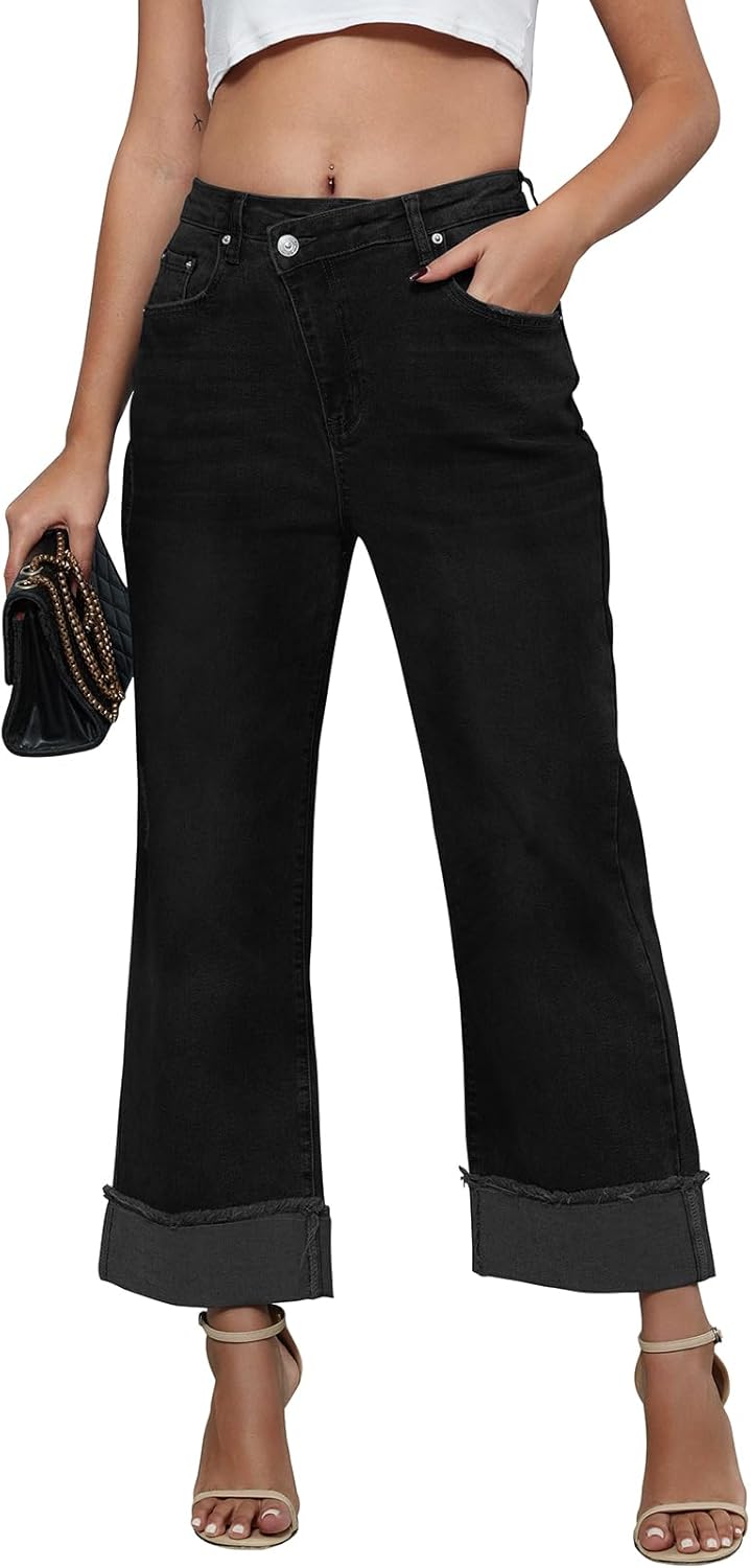 Genleck Wide Leg Cropped Jeans for Women - Trendy High Waisted