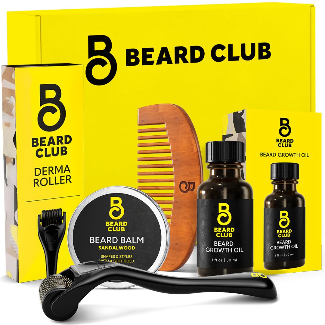 Beard Growth Kit with Derma Roller, Oil, Balm, and Comb Set