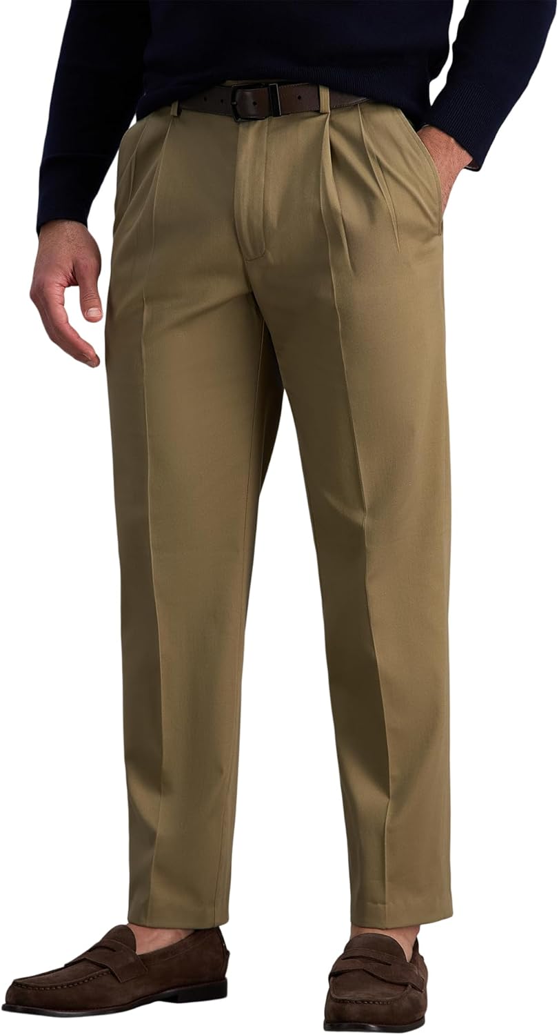 Haggar Men's Premium No Iron Khaki Classic Fit Pleat Front Pant