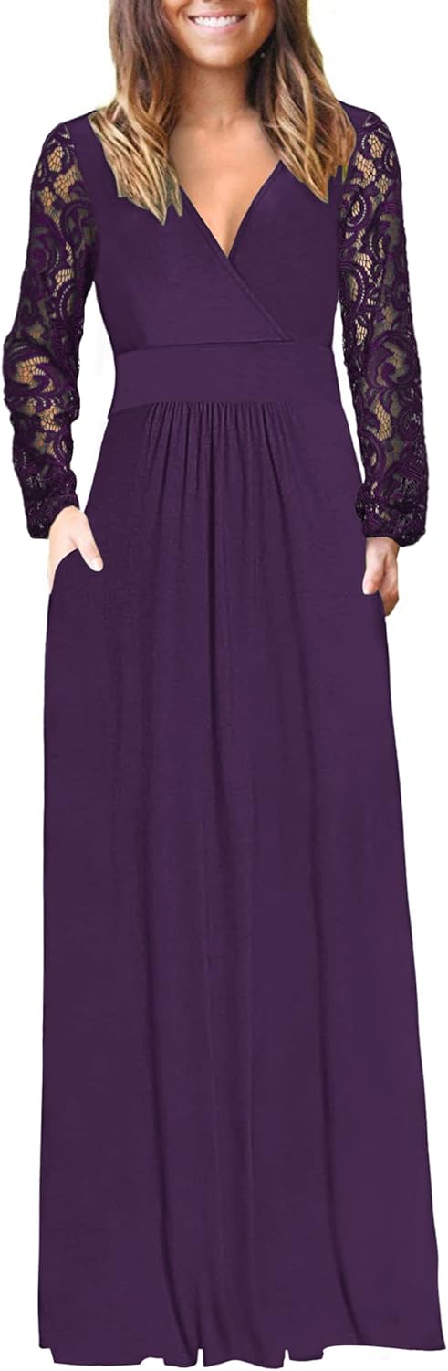 Womens Long Sleeve Maxi Dress with Lace Sleeves and Pockets