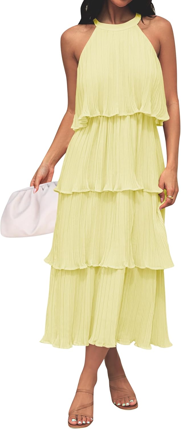 ZESICA Women's Sleeveless Halter Neck Ruffle Midi Dress Review
