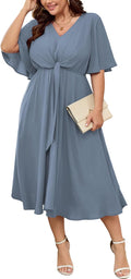 SCOMCHIC Women Plus Size Midi Dress V Neck Tie Waist - Flowy Summer on
