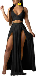 Women 2 Piece Chiffon Maxi Dress Set - Deep V Bra Crop Top