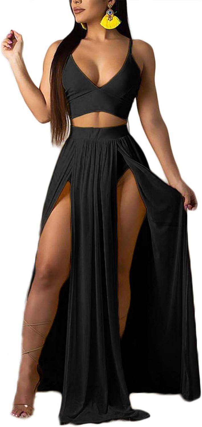 Women Sexy 2 Piece Outfits Dress Chiffon Deep V Neck Set