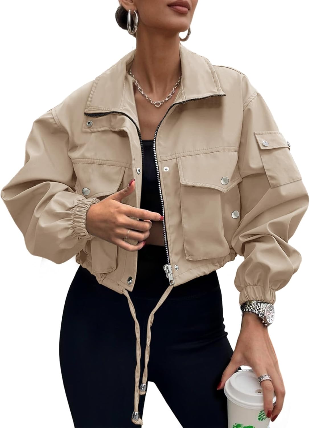Womens Cropped Bomber Jacket 2025 Trendy Zip Up Utility
