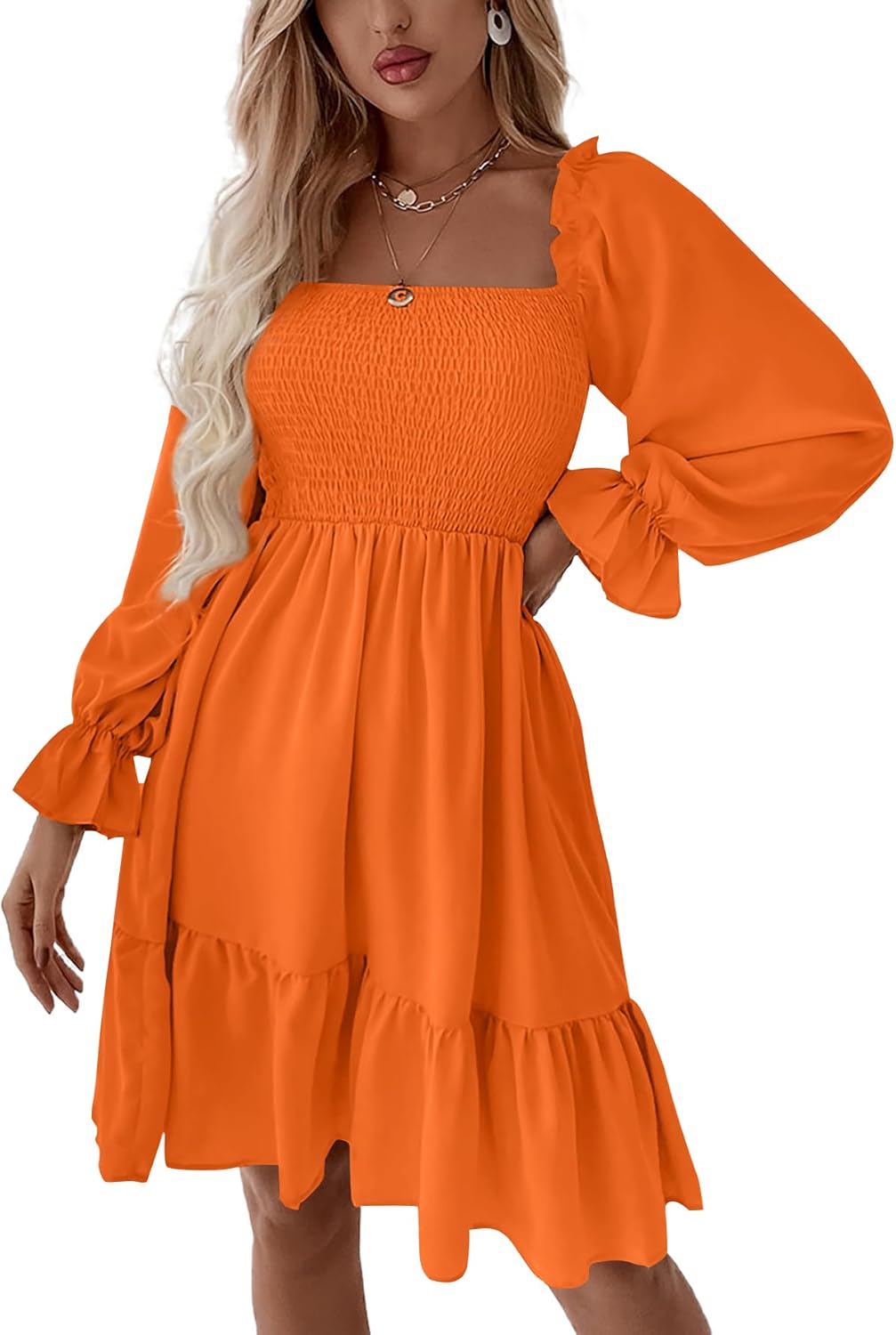 LYANER Women's Square Neck Lantern Long Sleeve Ruffle Dress