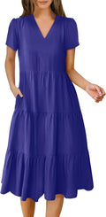 Women's Summer Casual V Neck Midi Dress - Flowy Tiered Boho ANRABESS