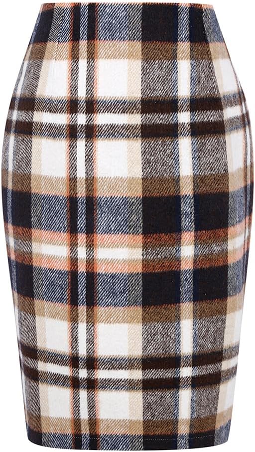 Womens Wool Plaid Pencil Skirt High Waisted Bodycon Midi Style