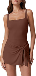 QINSEN Square Neck Swim Dress One Piece Swimsuit - Tummy Control