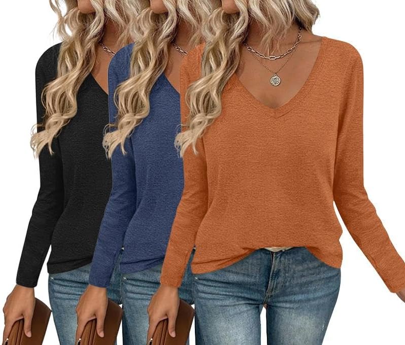 Ekouaer Long Sleeve V Neck T Shirts for Women - 3 Pack Casual Tops
