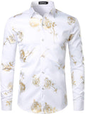 ZEROYAA Mens Hipster 3D Golden Rose Floral Slim Fit Shirt - Stylish we