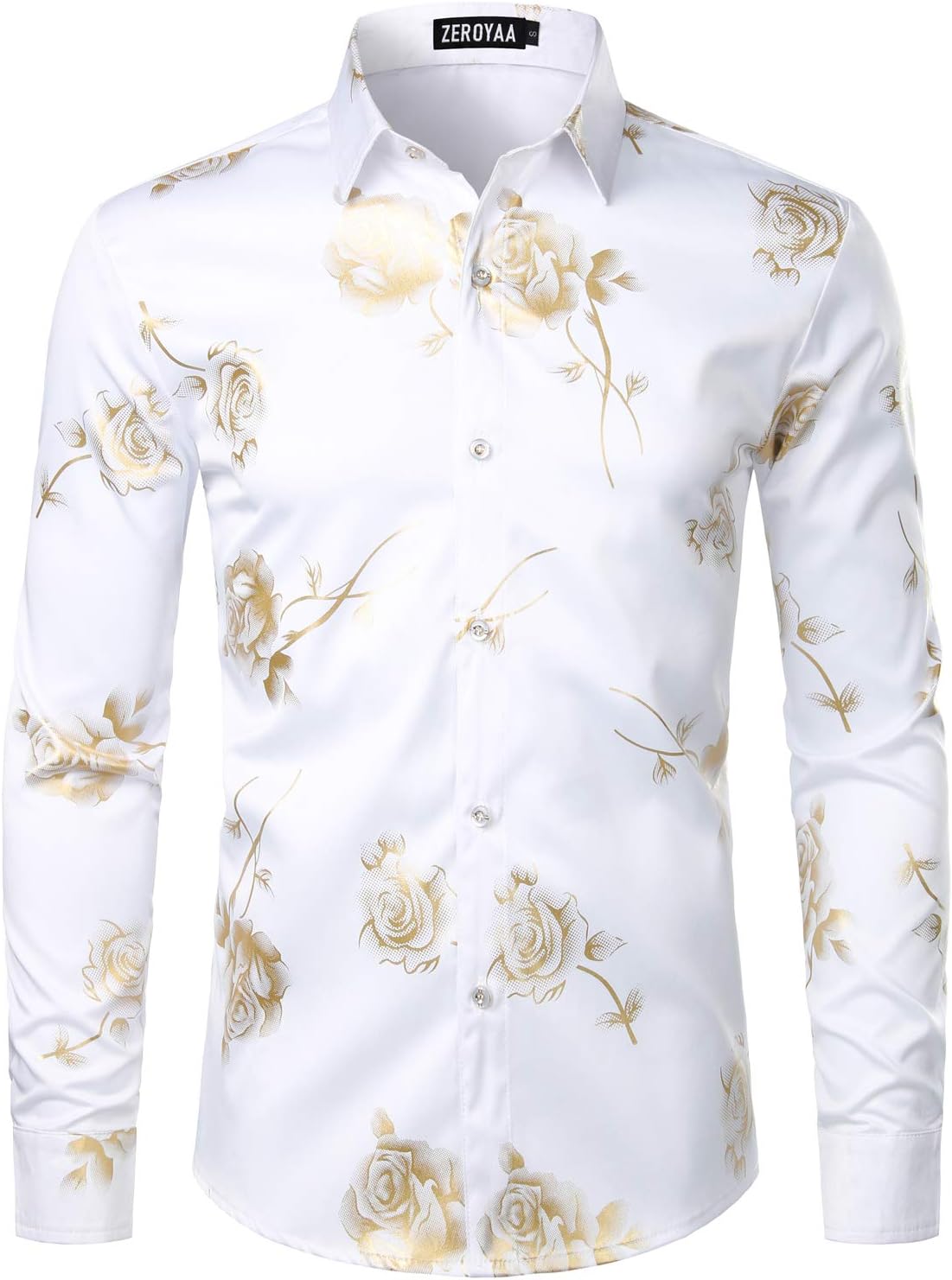 ZEROYAA Mens Hipster 3D Golden Rose Floral Printed Shirt