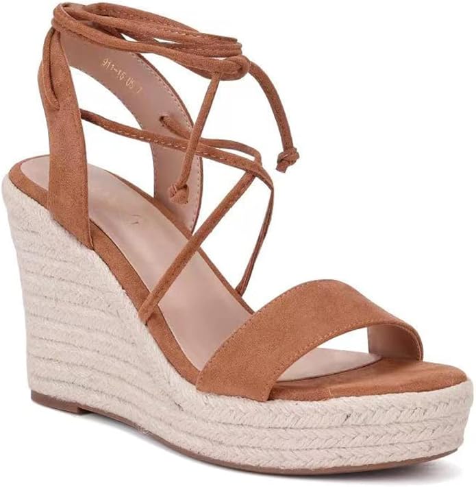 SUMOJIU Women's Lace-Up Wedge Platform Espadrille Sandals